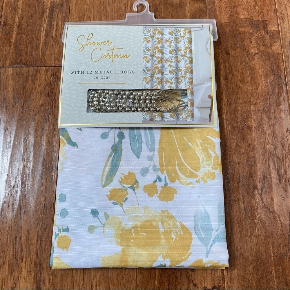 Yellow Watercolor Floral Shower Curtain Set with Hooks